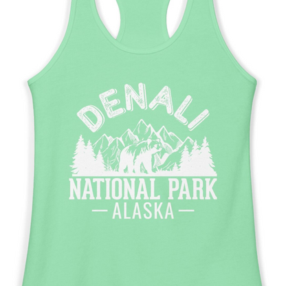 Denali National Park Bear Mountains Vintage Alaska Nature Shirt — Ladies Tank Ladies Tank Top – Solid Mint – Alaska Cruise Shirts Close Up