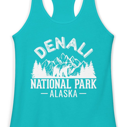 Denali National Park Bear Mountains Vintage Alaska Nature Shirt — Ladies Tank Ladies Tank Top – Tahiti Blue – Alaska Cruise Shirts Close Up