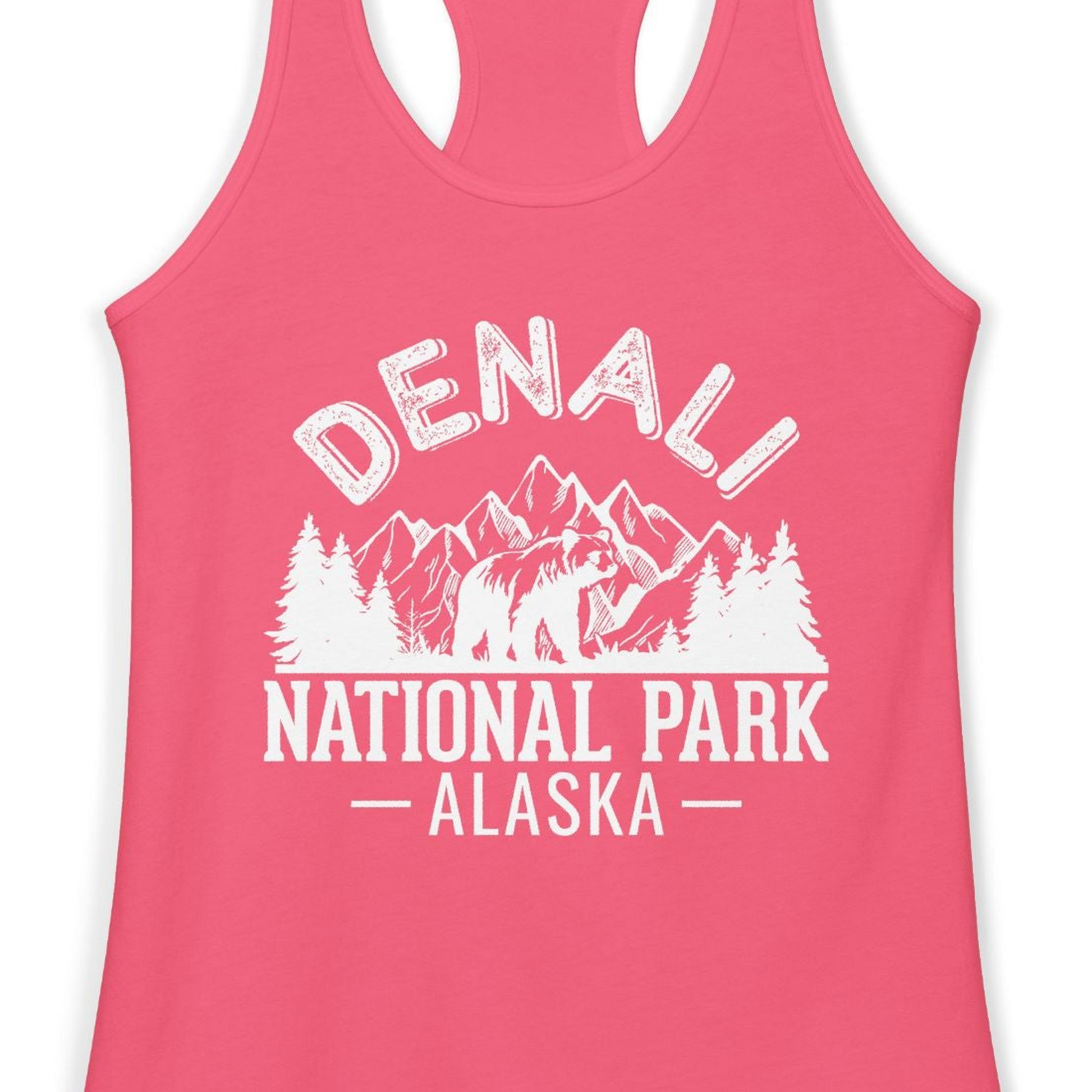 Denali National Park Bear Mountains Vintage Alaska Nature Shirt — Ladies Tank Ladies Tank Top – Hot Pink – Alaska Cruise Shirts Close Up