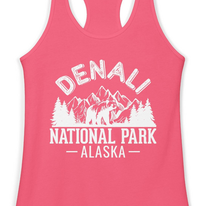 Denali National Park Bear Mountains Vintage Alaska Nature Shirt — Ladies Tank Ladies Tank Top – Hot Pink – Alaska Cruise Shirts Close Up