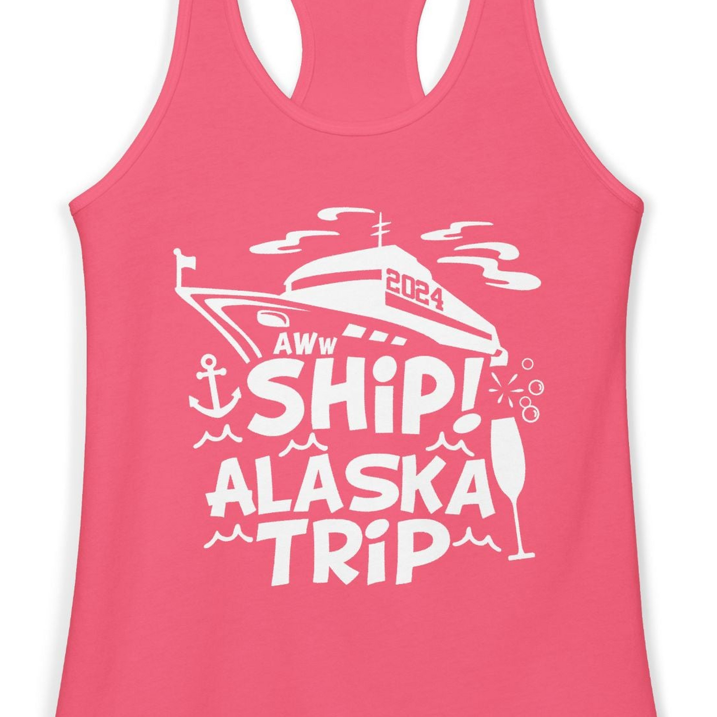 Aww Ship Alaska Cruise Shirt Ladies Tank Top – Hot Pink – Alaska Cruise Shirts Close Up