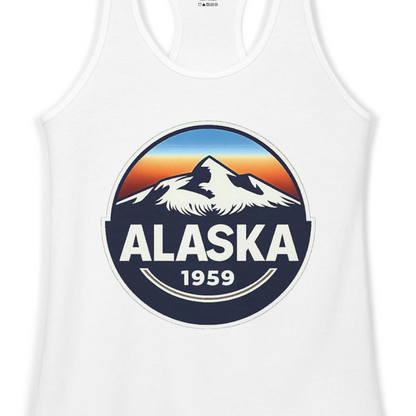Alaska 1959 Retro Mountain Sunset Badge Shirt Vintage Statehood Tee — Ladies Tank Ladies Tank Top – White – Alaska Cruise Shirts Close Up
