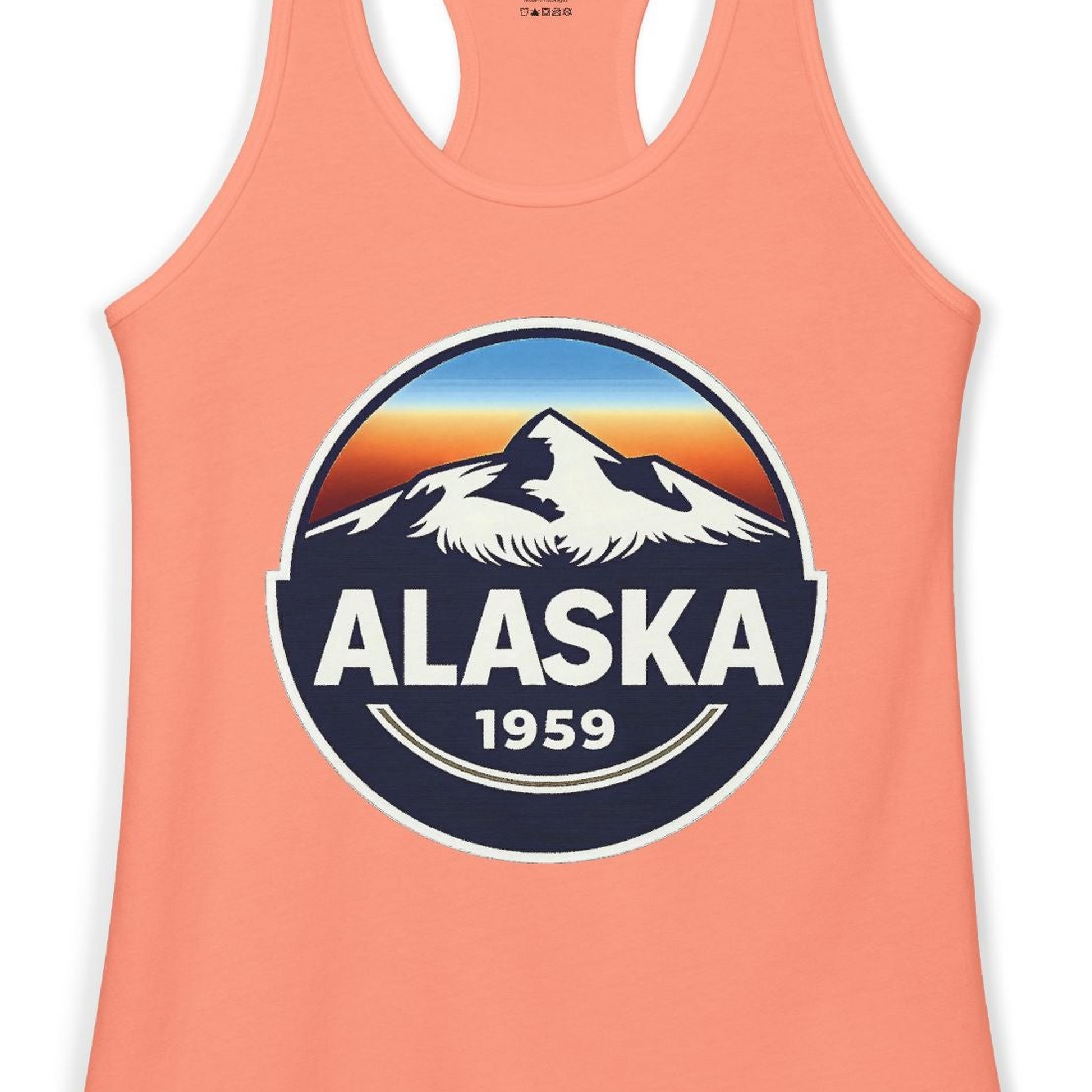 Alaska 1959 Retro Mountain Sunset Badge Shirt Vintage Statehood Tee — Ladies Tank Ladies Tank Top – Solid Light Orange – Alaska Cruise Shirts Close Up