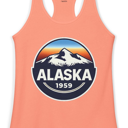 Alaska 1959 Retro Mountain Sunset Badge Shirt Vintage Statehood Tee — Ladies Tank Ladies Tank Top – Solid Light Orange – Alaska Cruise Shirts Close Up