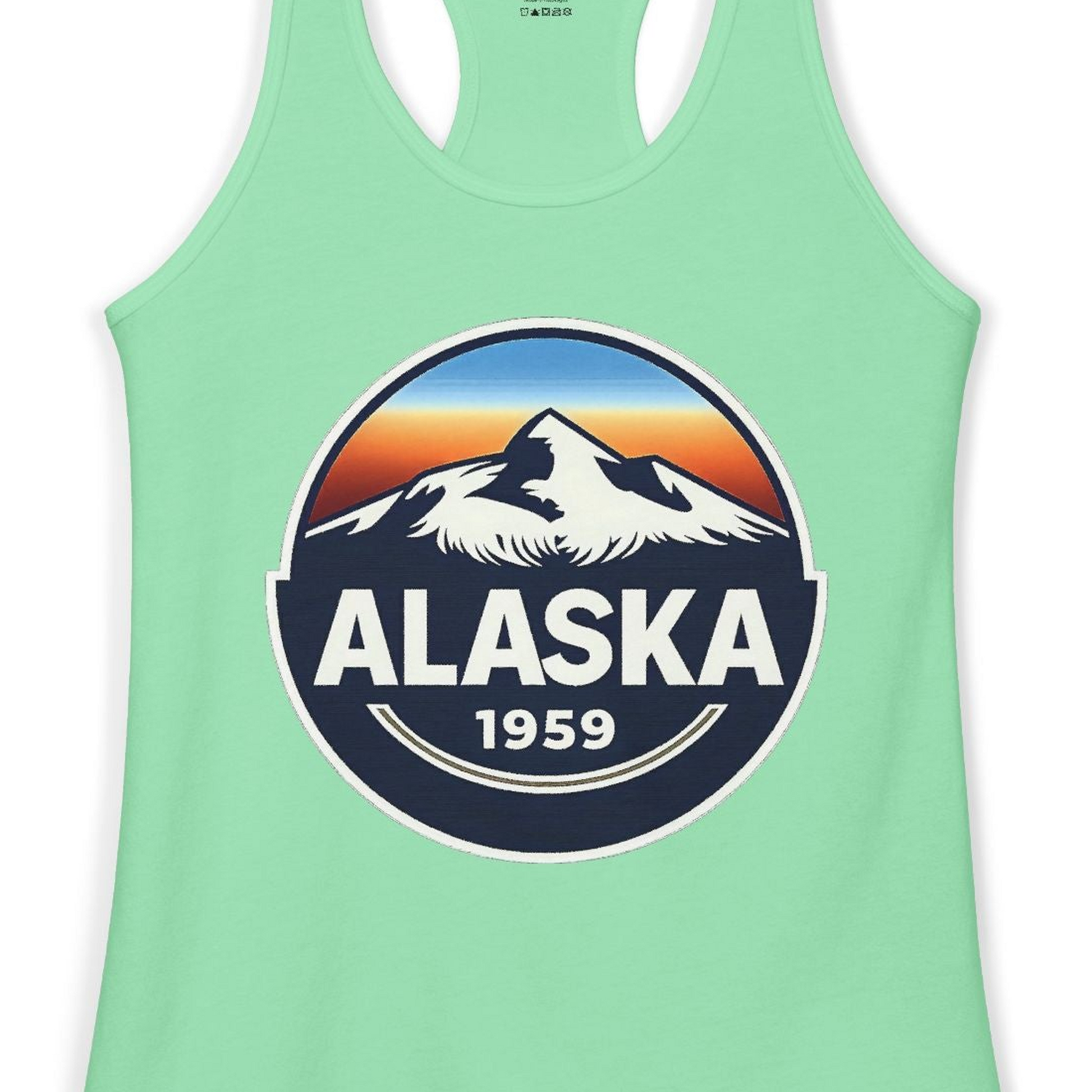 Alaska 1959 Retro Mountain Sunset Badge Shirt Vintage Statehood Tee — Ladies Tank Ladies Tank Top – Solid Mint – Alaska Cruise Shirts Close Up