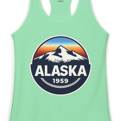 Alaska 1959 Retro Mountain Sunset Badge Shirt Vintage Statehood Tee — Ladies Tank Ladies Tank Top – Solid Mint – Alaska Cruise Shirts Close Up