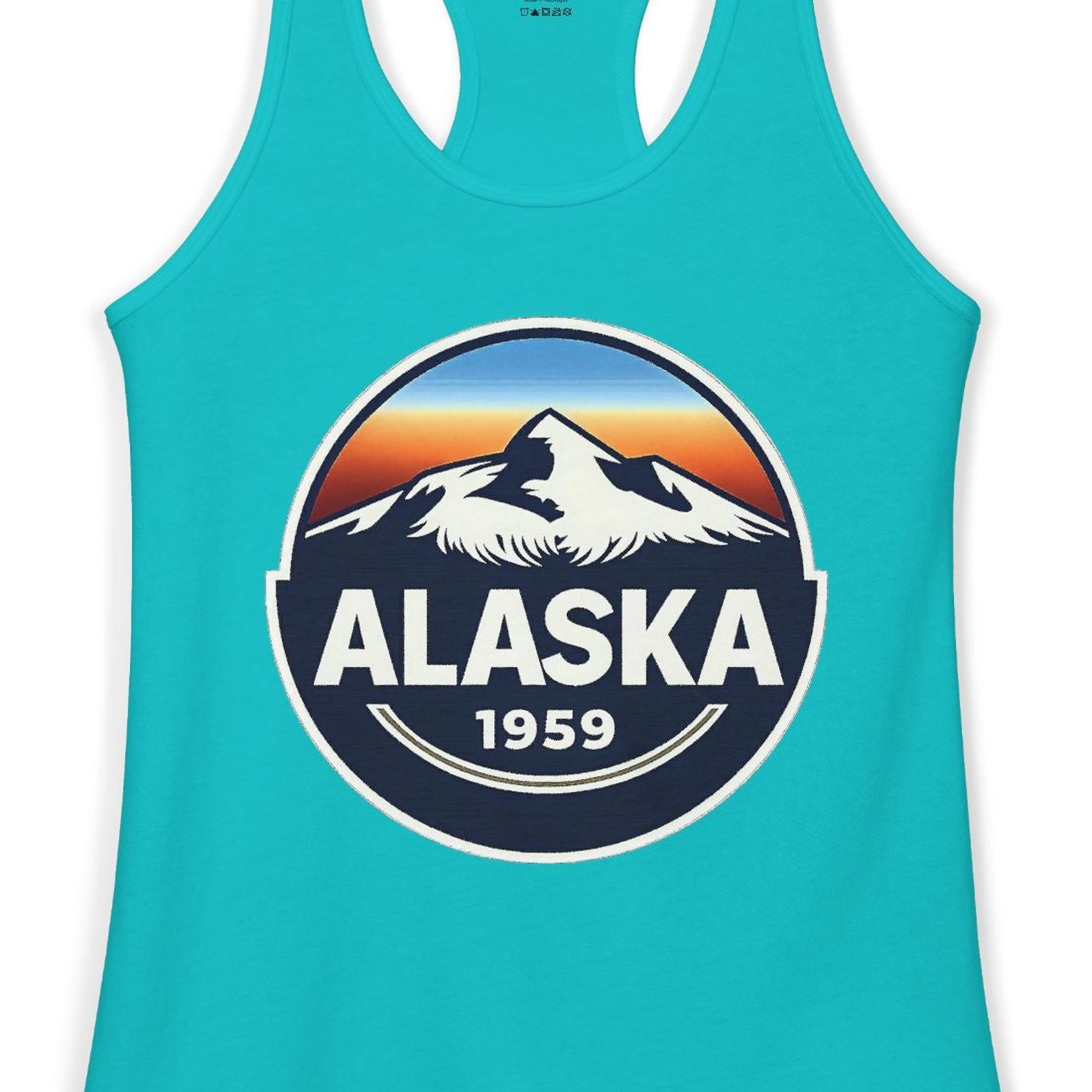Alaska 1959 Retro Mountain Sunset Badge Shirt Vintage Statehood Tee — Ladies Tank Ladies Tank Top – Tahiti Blue – Alaska Cruise Shirts Close Up
