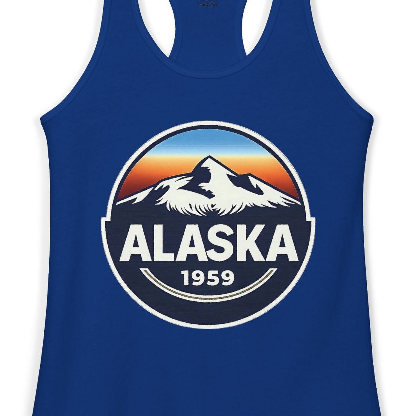 Alaska 1959 Retro Mountain Sunset Badge Shirt Vintage Statehood Tee — Ladies Tank Ladies Tank Top – Solid Royal – Alaska Cruise Shirts Close Up