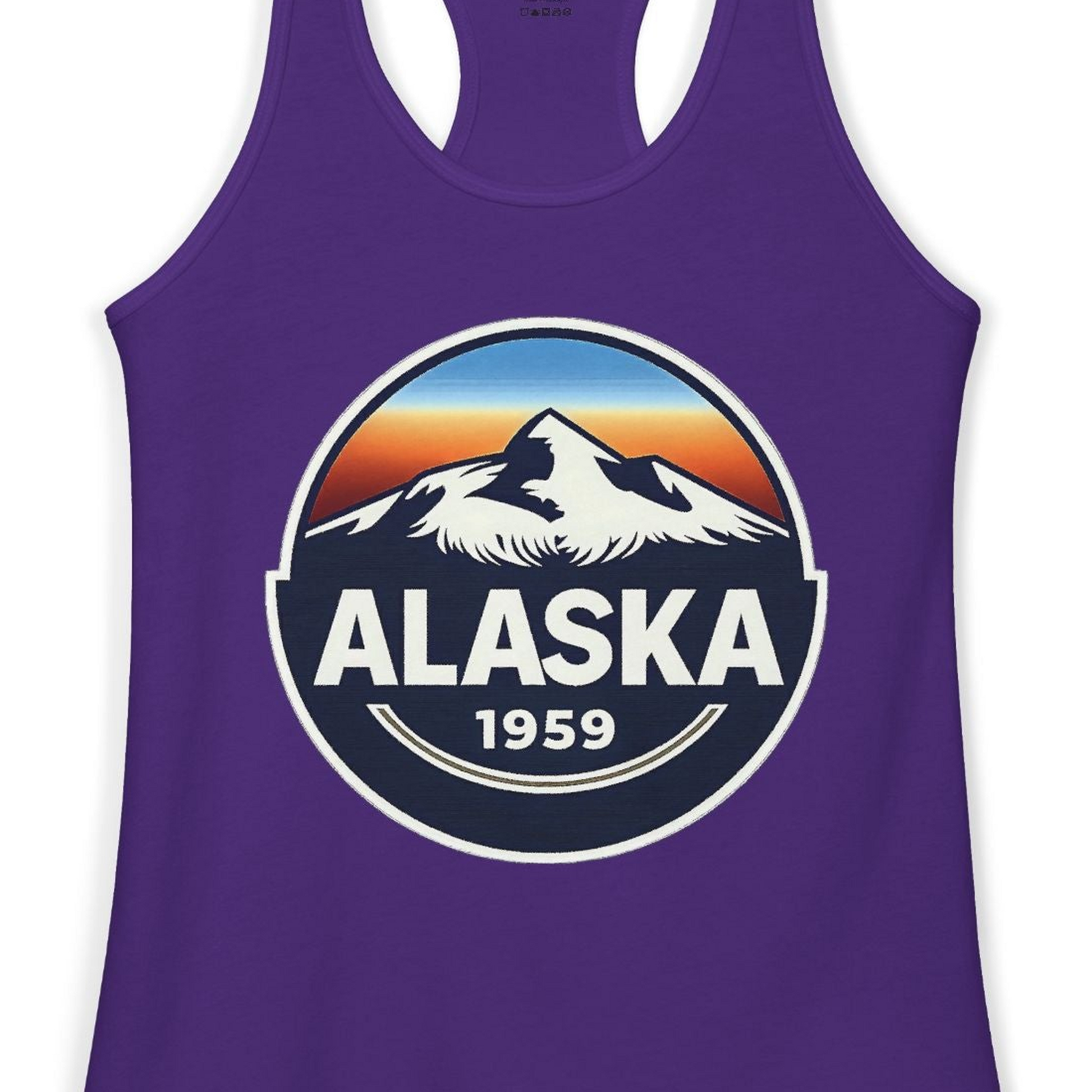 Alaska 1959 Retro Mountain Sunset Badge Shirt Vintage Statehood Tee — Ladies Tank Ladies Tank Top – Solid Purple Rush – Alaska Cruise Shirts Close Up