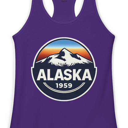 Alaska 1959 Retro Mountain Sunset Badge Shirt Vintage Statehood Tee — Ladies Tank Ladies Tank Top – Solid Purple Rush – Alaska Cruise Shirts Close Up