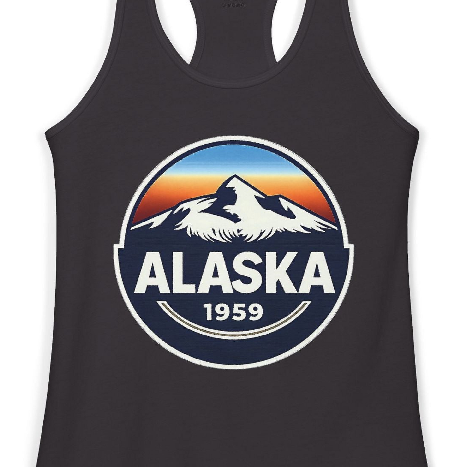 Alaska 1959 Retro Mountain Sunset Badge Shirt Vintage Statehood Tee — Ladies Tank Ladies Tank Top – Black – Alaska Cruise Shirts Close Up