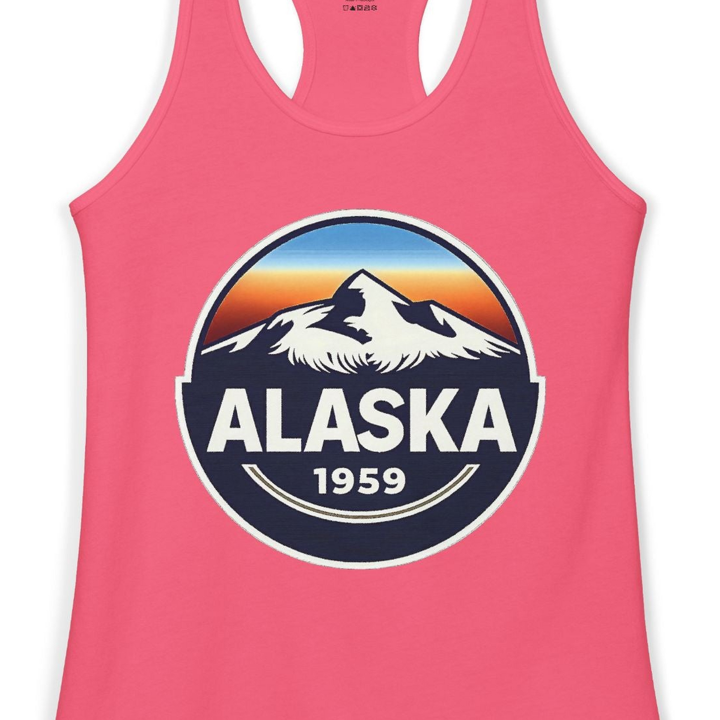 Alaska 1959 Retro Mountain Sunset Badge Shirt Vintage Statehood Tee — Ladies Tank Ladies Tank Top – Hot Pink – Alaska Cruise Shirts Close Up