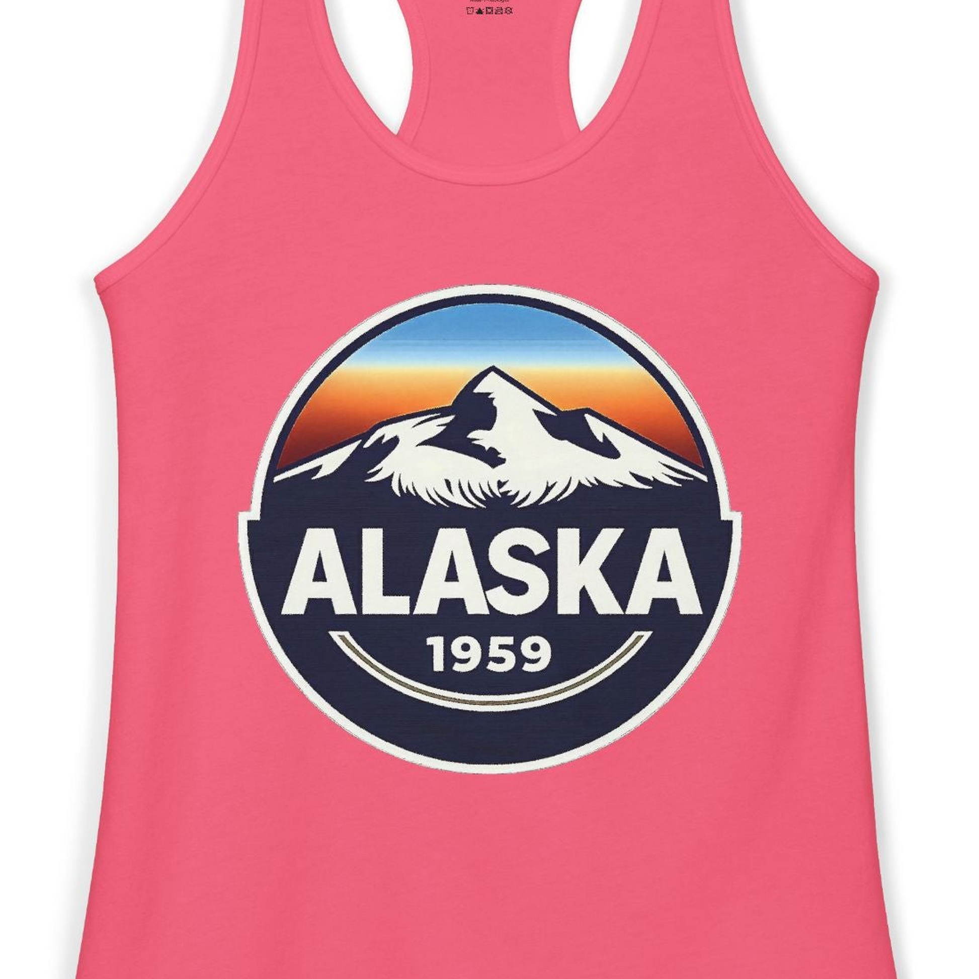 Alaska 1959 Retro Mountain Sunset Badge Shirt Vintage Statehood Tee — Ladies Tank Ladies Tank Top – Hot Pink – Alaska Cruise Shirts Close Up