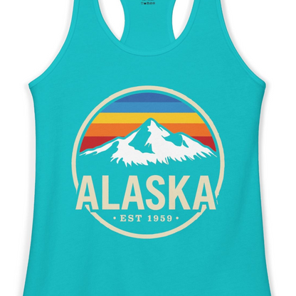 Alaska Vintage Mountain Sunset Shirt Ladies Tank Top – Tahiti Blue – Alaska Cruise Shirts Close Up