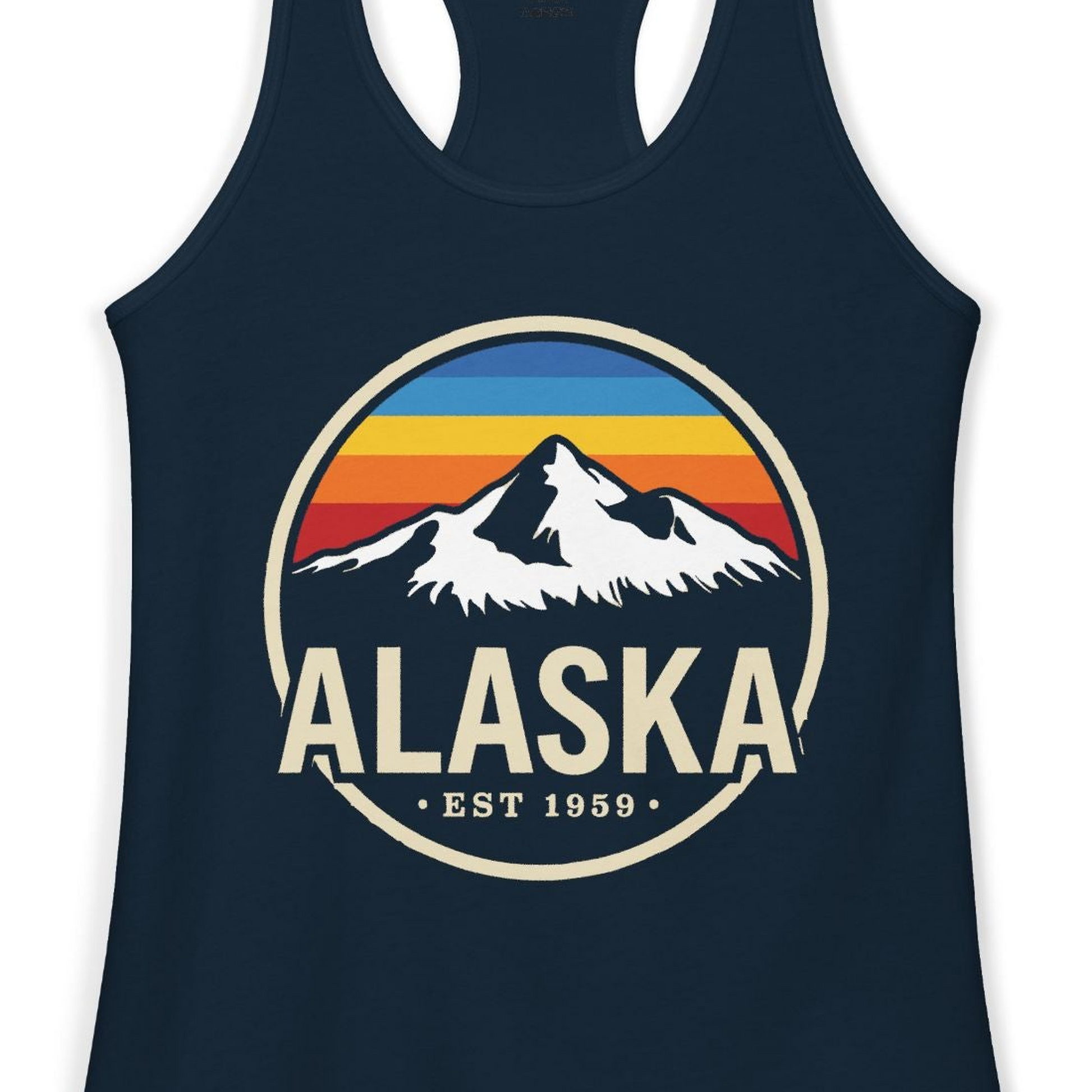 Alaska Vintage Mountain Sunset Shirt Ladies Tank Top – Solid Midnight Navy – Alaska Cruise Shirts Close Up