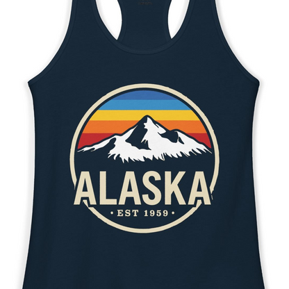 Alaska Vintage Mountain Sunset Shirt Ladies Tank Top – Solid Midnight Navy – Alaska Cruise Shirts Close Up