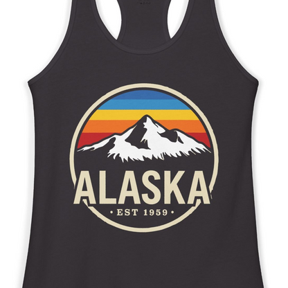 Alaska Vintage Mountain Sunset Shirt Ladies Tank Top – Black – Alaska Cruise Shirts Close Up