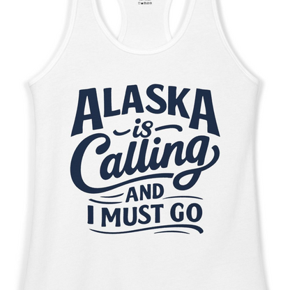 Alaska Is Calling Adventure Typography Shirt Ladies Tank Top – White – Alaska Cruise Shirts Close Up