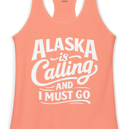 Alaska Is Calling Adventure Typography Shirt Ladies Tank Top – Solid Light Orange – Alaska Cruise Shirts Close Up