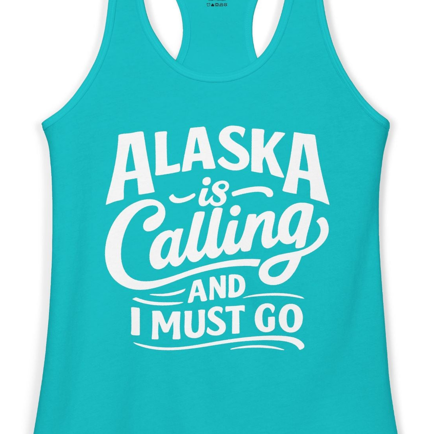Alaska Is Calling Adventure Typography Shirt Ladies Tank Top – Tahiti Blue – Alaska Cruise Shirts Close Up