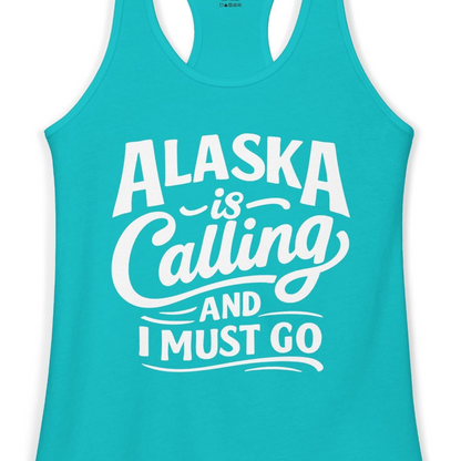 Alaska Is Calling Adventure Typography Shirt Ladies Tank Top – Tahiti Blue – Alaska Cruise Shirts Close Up
