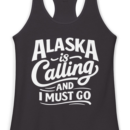 Alaska Is Calling Adventure Typography Shirt Ladies Tank Top – Black – Alaska Cruise Shirts Close Up