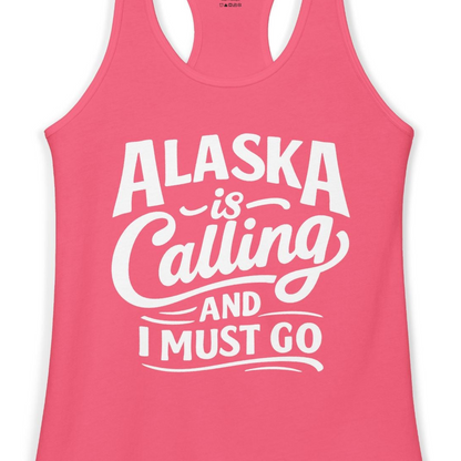 Alaska Is Calling Adventure Typography Shirt Ladies Tank Top – Hot Pink – Alaska Cruise Shirts Close Up
