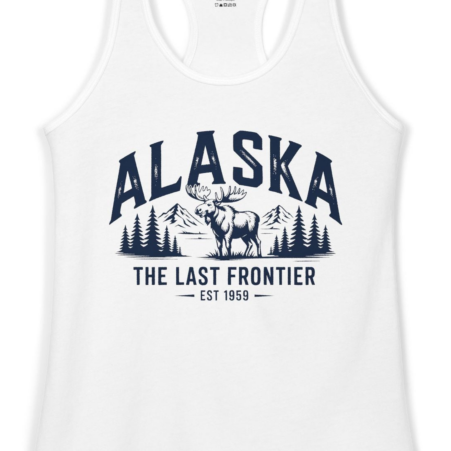 Alaska The Last Frontier Moose Mountain Wilderness Graphic Shirt — Ladies Tank Ladies Tank Top – White – Alaska Cruise Shirts Close Up