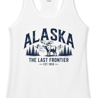 Alaska The Last Frontier Moose Mountain Wilderness Graphic Shirt — Ladies Tank Ladies Tank Top – White – Alaska Cruise Shirts Close Up