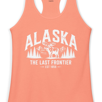 Alaska The Last Frontier Moose Mountain Wilderness Graphic Shirt — Ladies Tank Ladies Tank Top – Solid Light Orange – Alaska Cruise Shirts Close Up