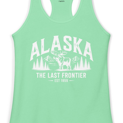Alaska The Last Frontier Moose Mountain Wilderness Graphic Shirt — Ladies Tank Ladies Tank Top – Solid Mint – Alaska Cruise Shirts Close Up