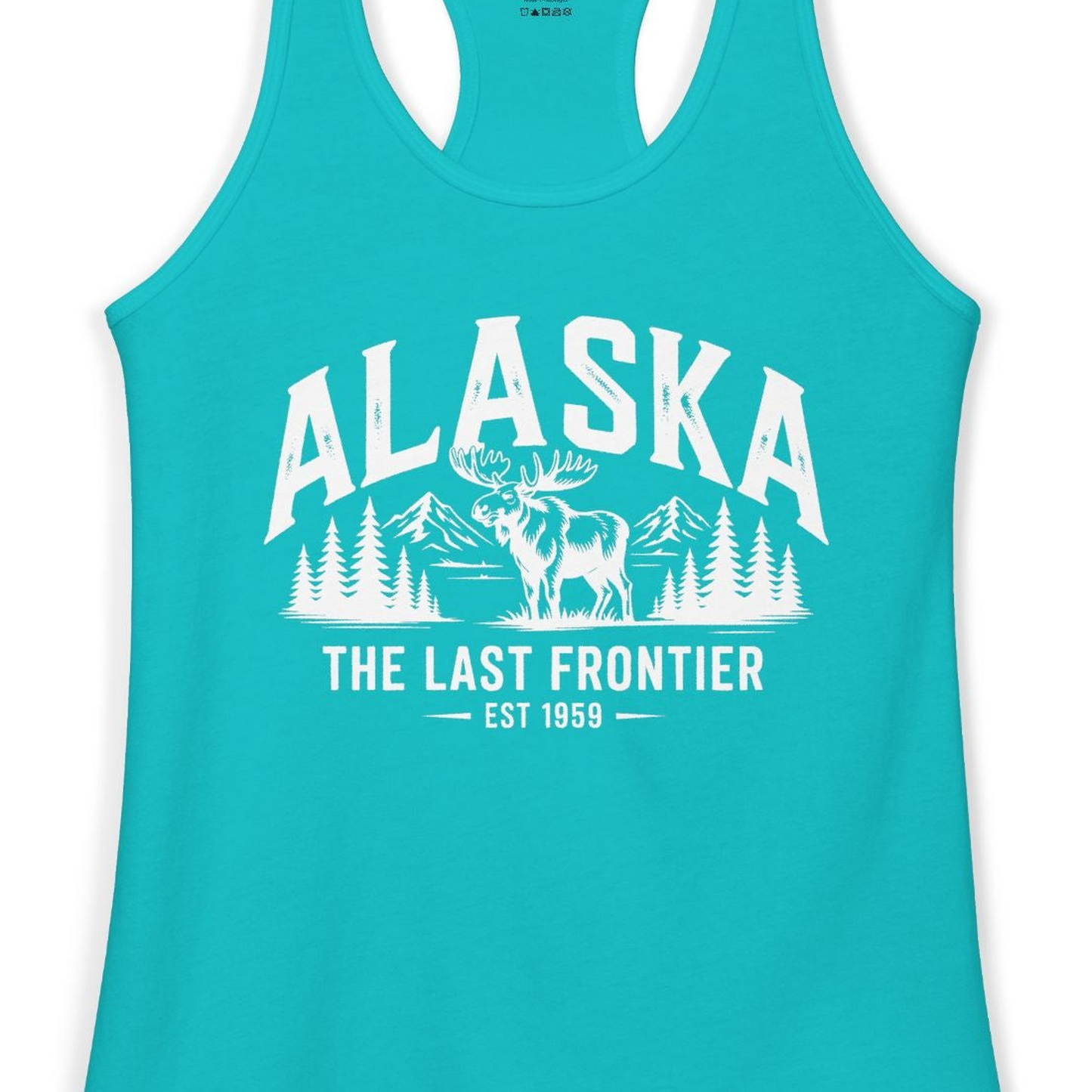Alaska The Last Frontier Moose Mountain Wilderness Graphic Shirt — Ladies Tank Ladies Tank Top – Tahiti Blue – Alaska Cruise Shirts Close Up