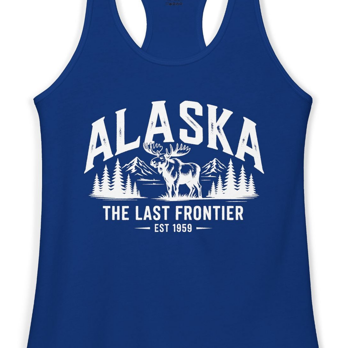 Alaska The Last Frontier Moose Mountain Wilderness Graphic Shirt — Ladies Tank Ladies Tank Top – Solid Royal – Alaska Cruise Shirts Close Up