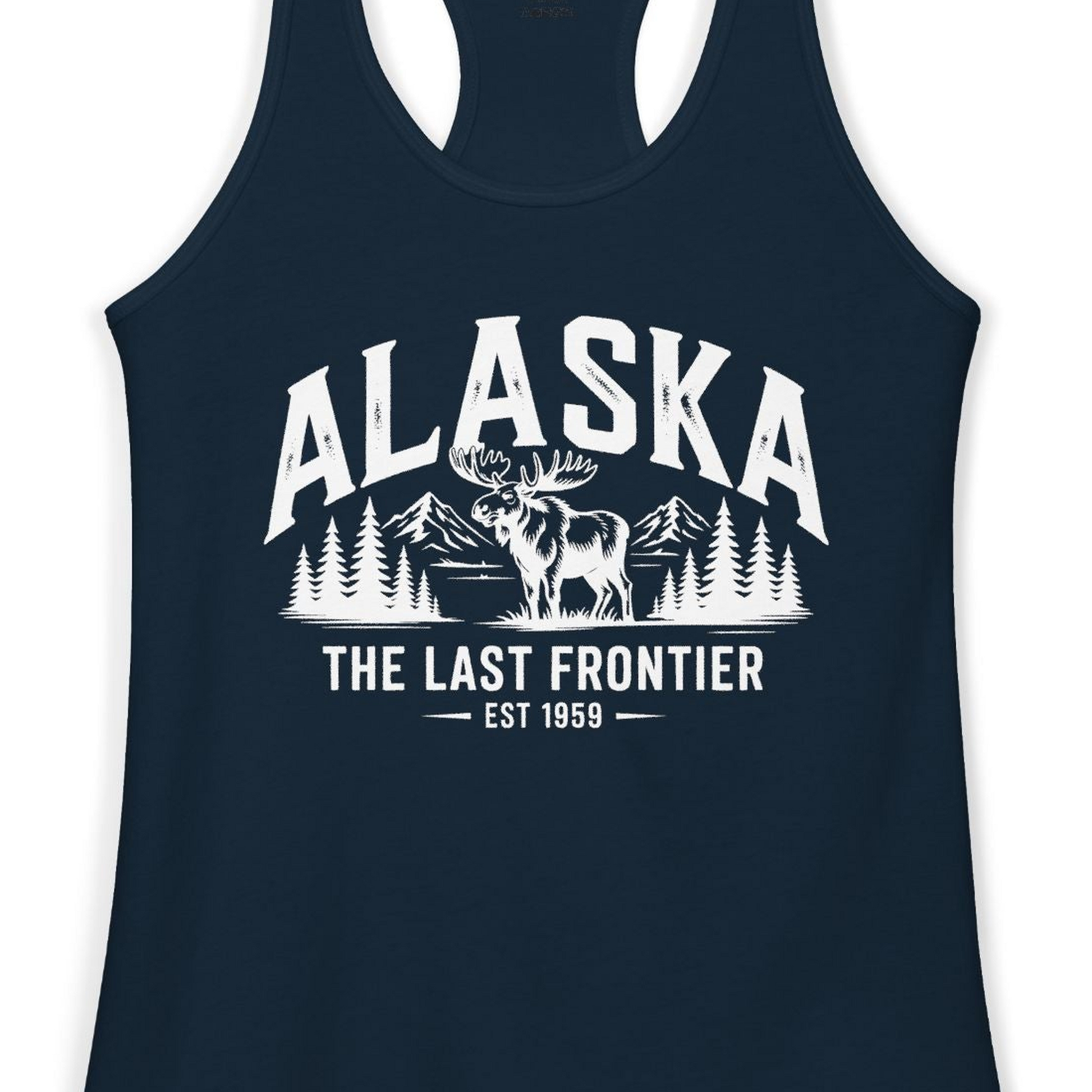 Alaska The Last Frontier Moose Mountain Wilderness Graphic Shirt — Ladies Tank Ladies Tank Top – Solid Midnight Navy – Alaska Cruise Shirts Close Up