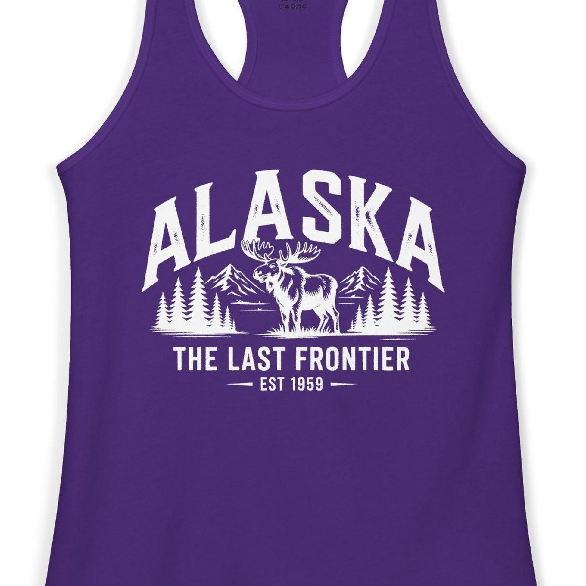 Alaska The Last Frontier Moose Mountain Wilderness Graphic Shirt — Ladies Tank Ladies Tank Top – Solid Purple Rush – Alaska Cruise Shirts Close Up