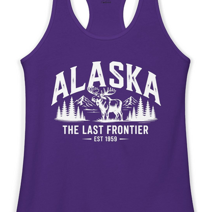 Alaska The Last Frontier Moose Mountain Wilderness Graphic Shirt — Ladies Tank Ladies Tank Top – Solid Purple Rush – Alaska Cruise Shirts Close Up