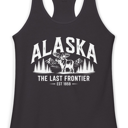 Alaska The Last Frontier Moose Mountain Wilderness Graphic Shirt — Ladies Tank Ladies Tank Top – Black – Alaska Cruise Shirts Close Up