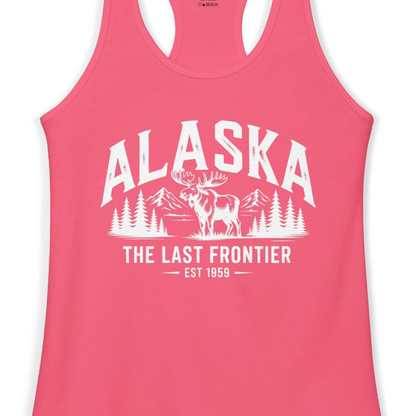 Alaska The Last Frontier Moose Mountain Wilderness Graphic Shirt — Ladies Tank Ladies Tank Top – Hot Pink – Alaska Cruise Shirts Close Up