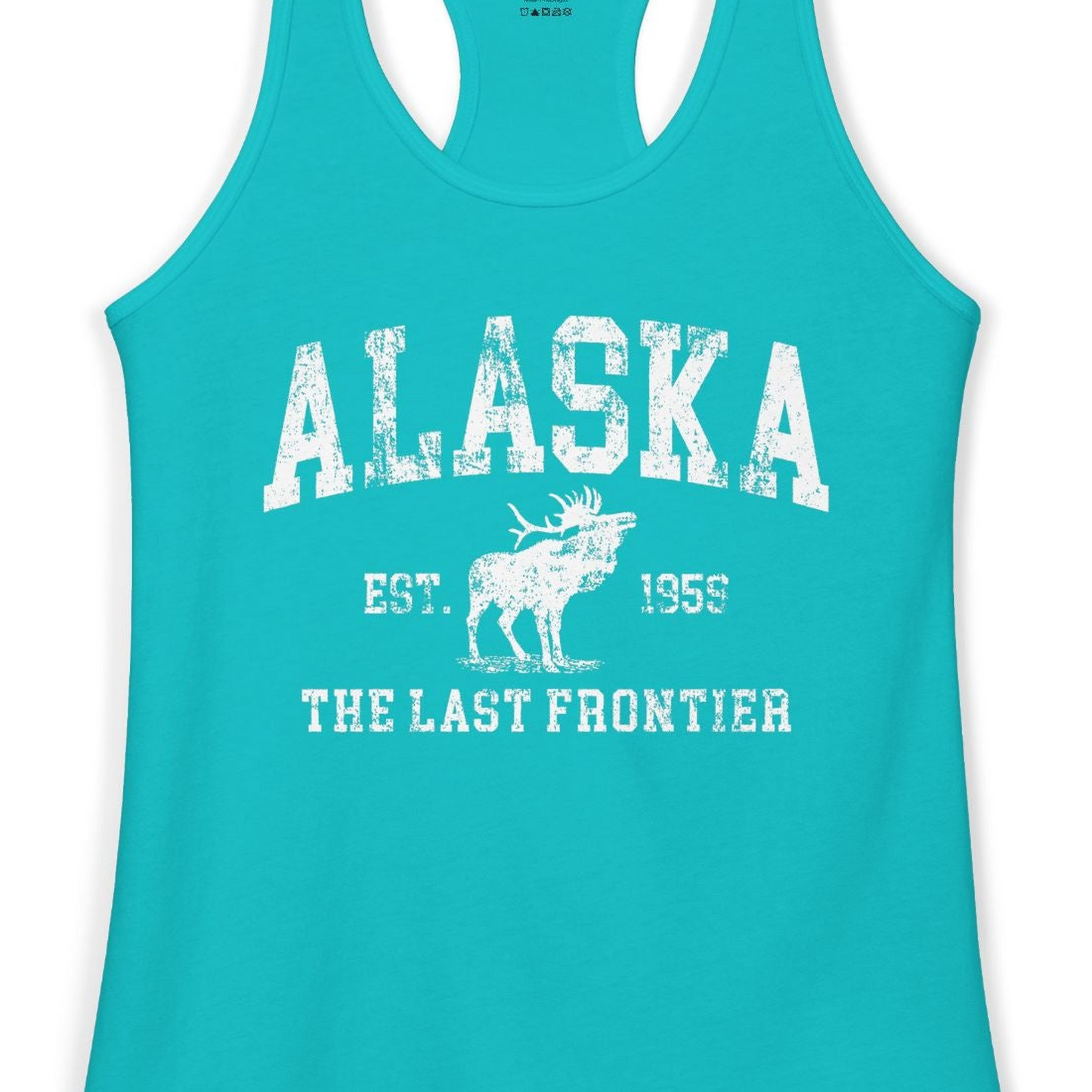 Vintage Alaska Moose Shirt Ladies Tank Top – Tahiti Blue – Alaska Cruise Shirts Close Up