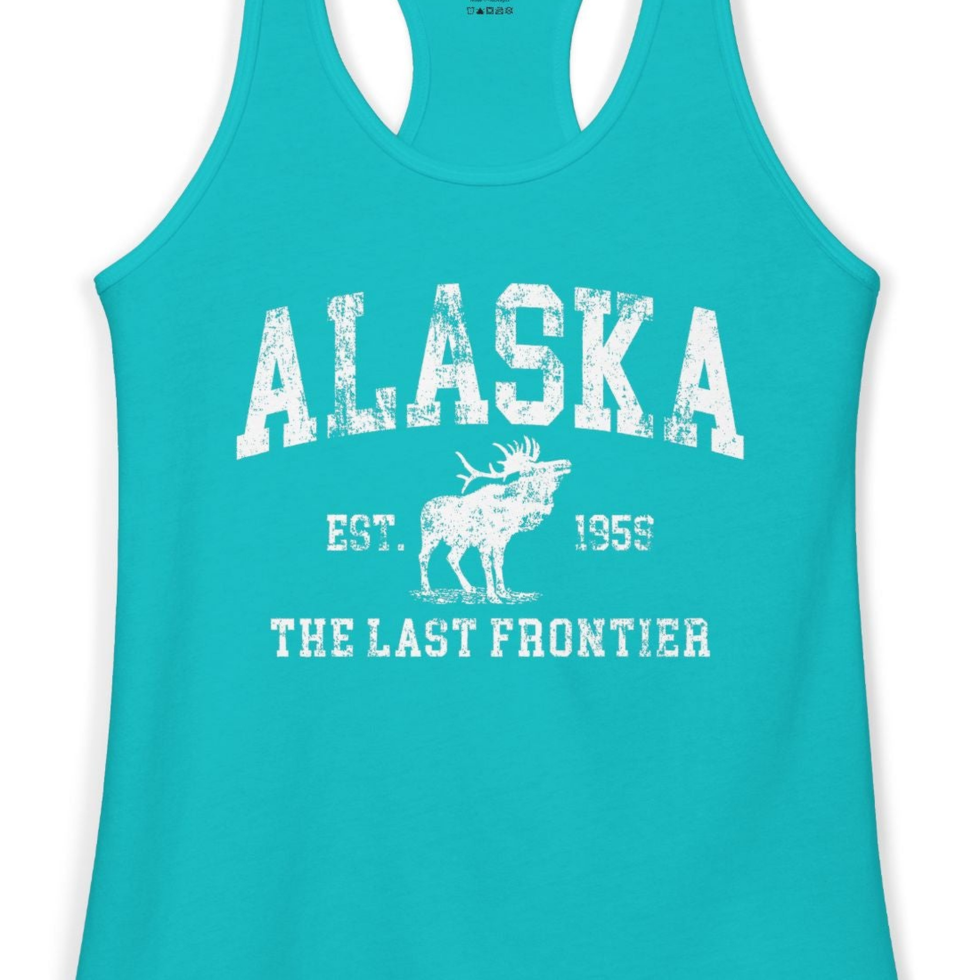 Vintage Alaska Moose Shirt Ladies Tank Top – Tahiti Blue – Alaska Cruise Shirts Close Up