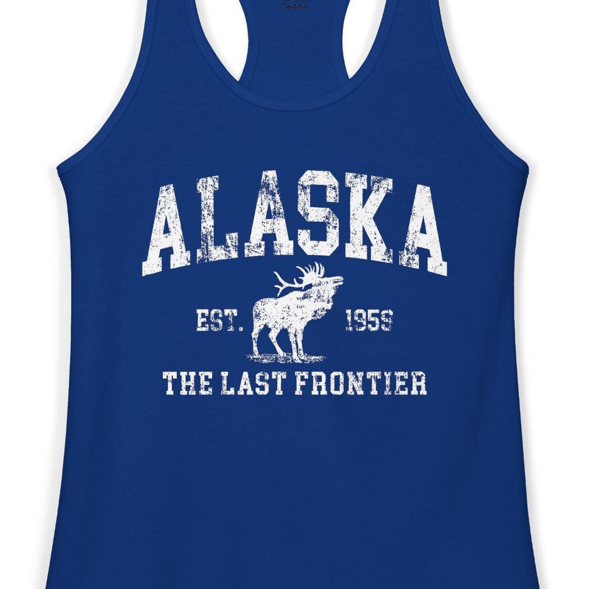 Vintage Alaska Moose Shirt Ladies Tank Top – Solid Royal – Alaska Cruise Shirts Close Up