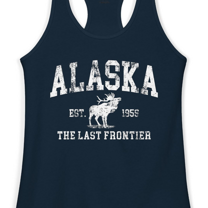 Vintage Alaska Moose Shirt Ladies Tank Top – Solid Midnight Navy – Alaska Cruise Shirts Close Up