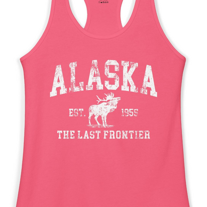 Vintage Alaska Moose Shirt Ladies Tank Top – Hot Pink – Alaska Cruise Shirts Close Up