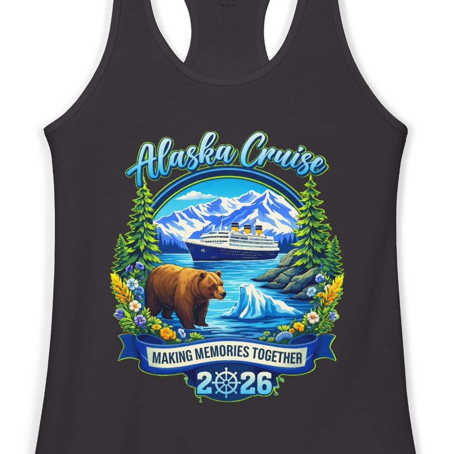 Alaska Cruise 2026 Family Shirt Ladies Tank Top – Black – Alaska Cruise Shirts Close Up
