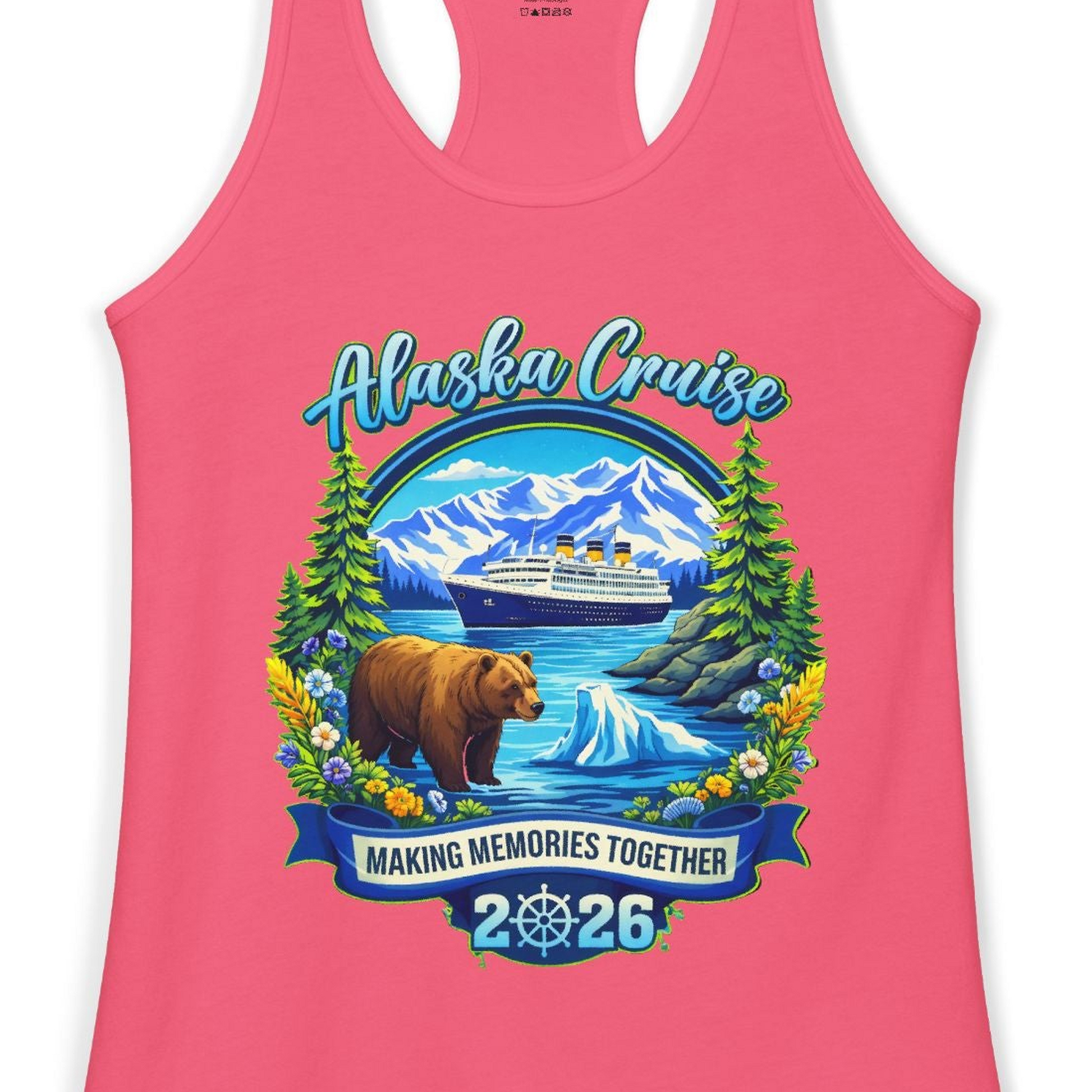Alaska Cruise 2026 Family Shirt Ladies Tank Top – Hot Pink – Alaska Cruise Shirts Close Up