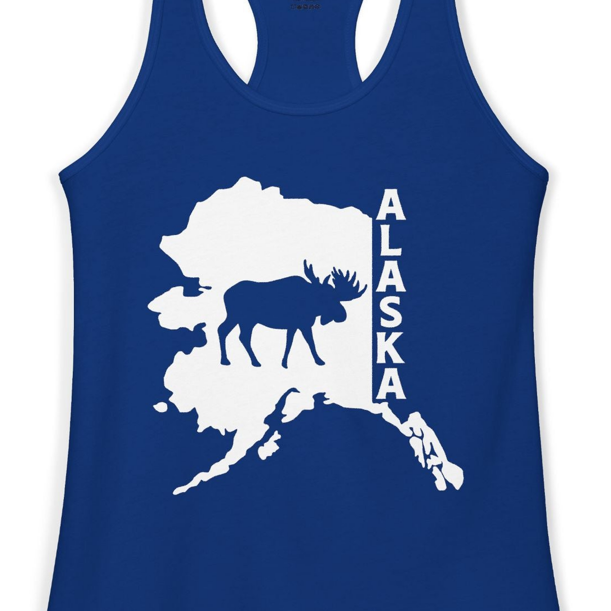 Alaska Moose Silhouette Shirt Ladies Tank Top – Solid Royal – Alaska Cruise Shirts Close Up