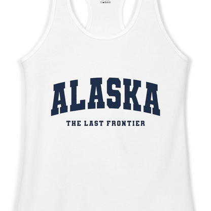 Alaska The Last Frontier Bold Collegiate Vintage State Pride Shirt — Ladies Tank Ladies Tank Top – White – Alaska Cruise Shirts Close Up