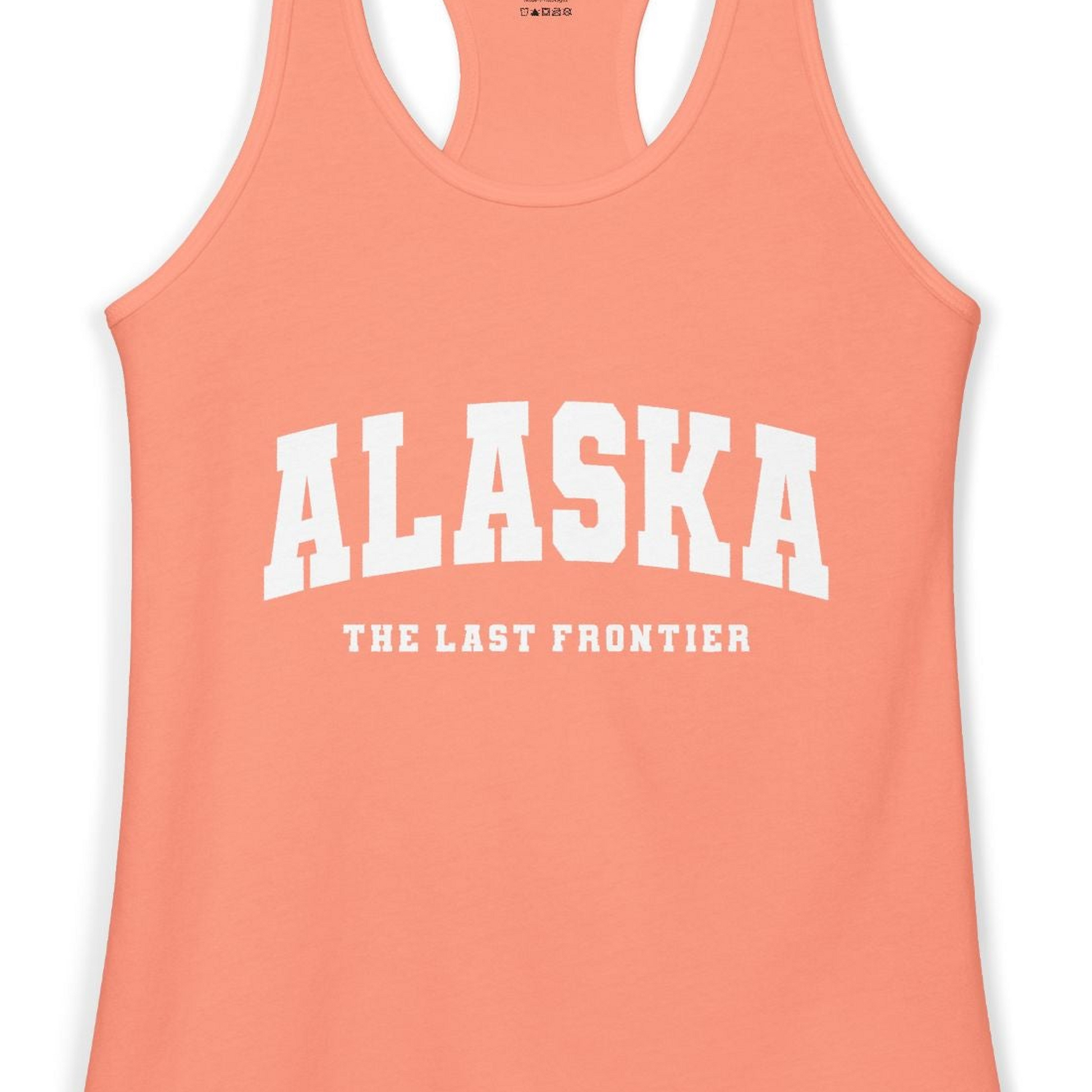 Alaska The Last Frontier Bold Collegiate Vintage State Pride Shirt — Ladies Tank Ladies Tank Top – Solid Light Orange – Alaska Cruise Shirts Close Up