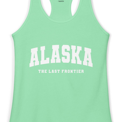 Alaska The Last Frontier Bold Collegiate Vintage State Pride Shirt — Ladies Tank Ladies Tank Top – Solid Mint – Alaska Cruise Shirts Close Up