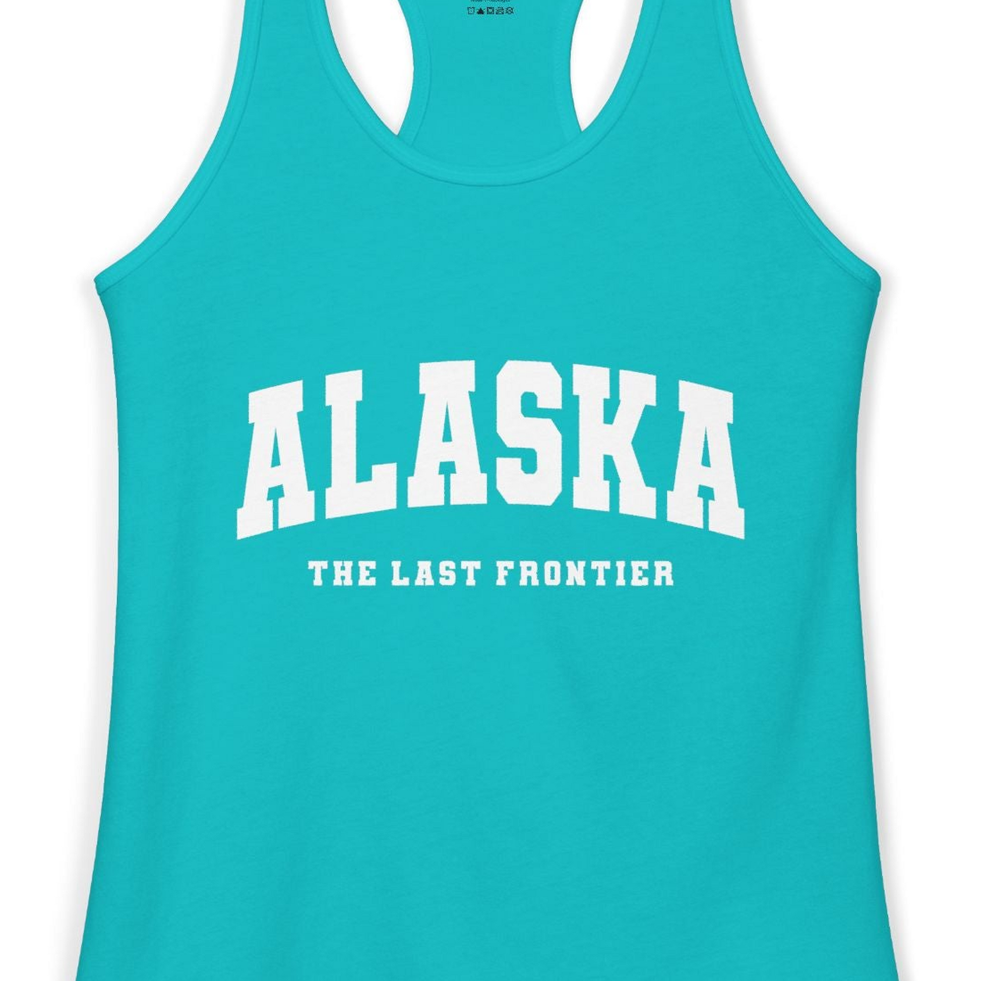 Alaska The Last Frontier Bold Collegiate Vintage State Pride Shirt — Ladies Tank Ladies Tank Top – Tahiti Blue – Alaska Cruise Shirts Close Up
